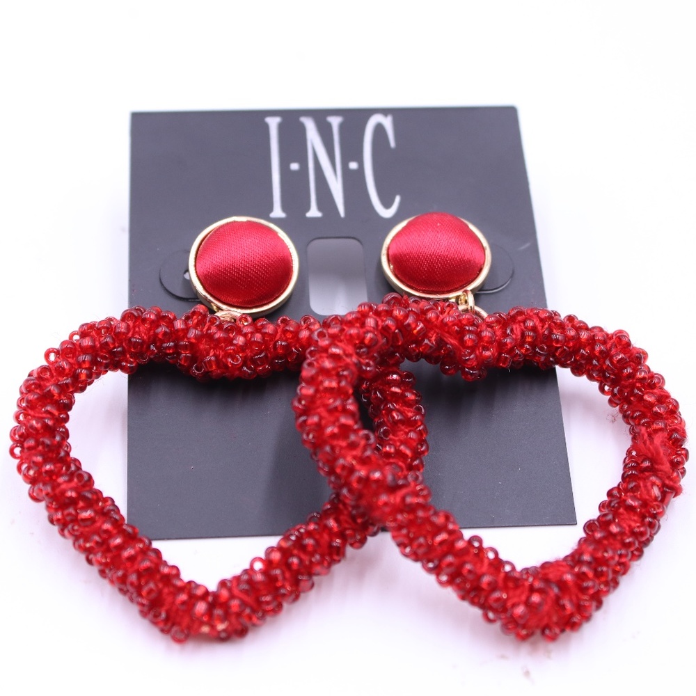 INC International Concepts Gold Tone Beaded Drop Red Heart Earrings Valentines